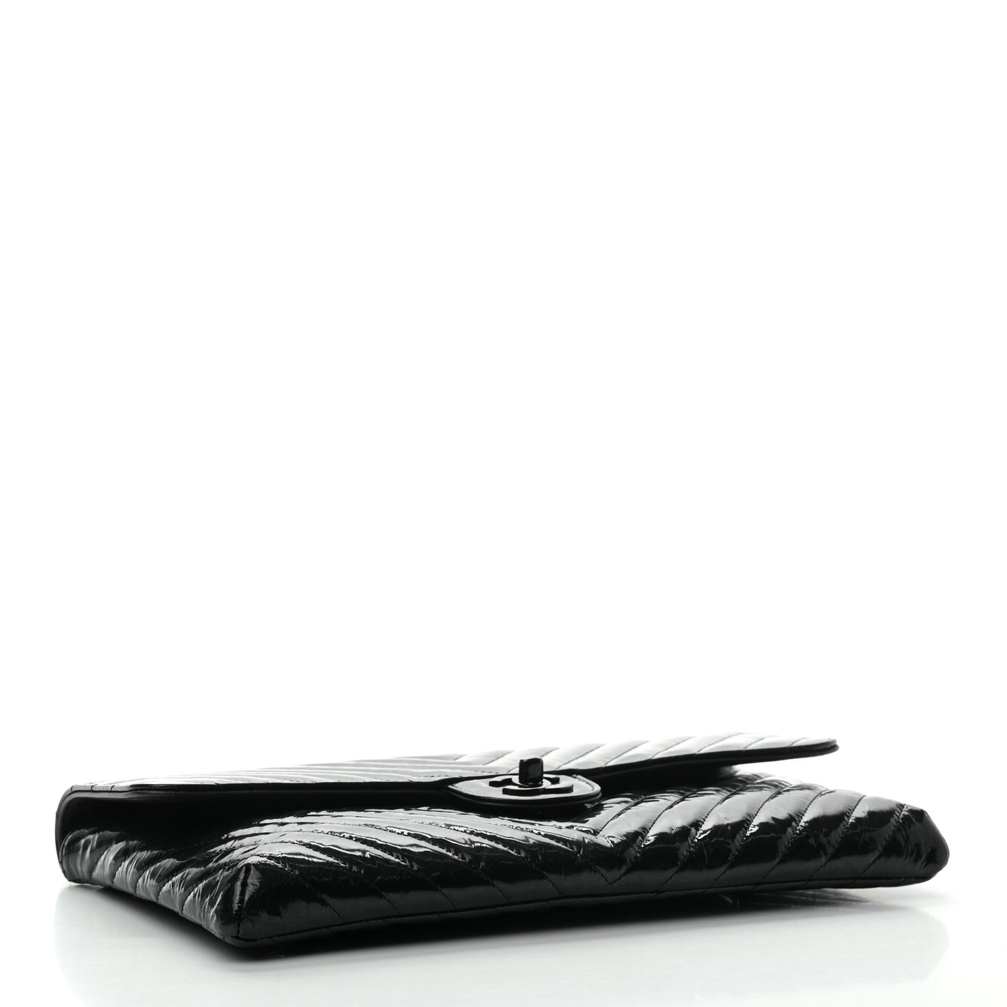 Metallic Crumpled Patent Calfskin Chevron Quilted Flap Clutch Black