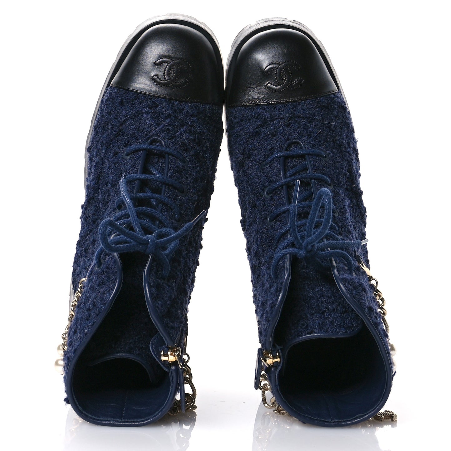 Wool Tweed Calfskin Chain Lace Up Combat Boots 40.5 Navy Blue Black