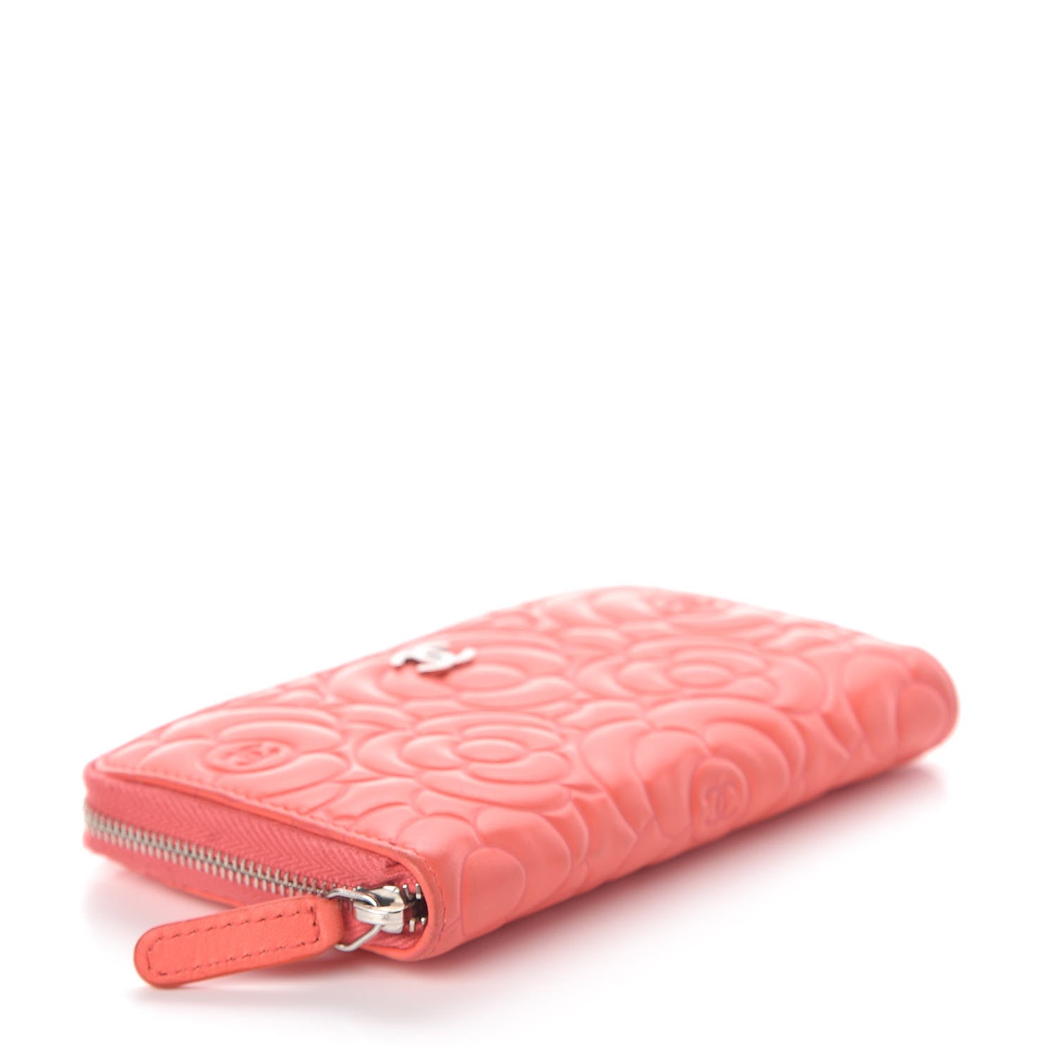 Chanel Lambskin Camellia Embossed Small Zip Around Wallet Coral 4 of 13