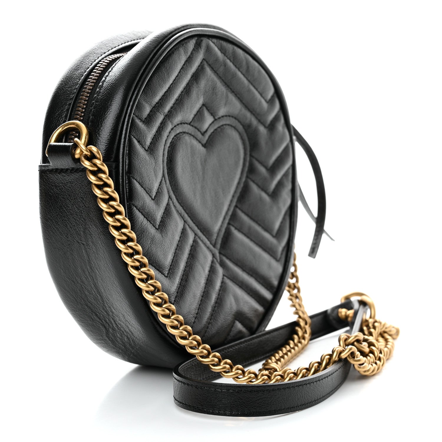 Gucci Azalea Calfskin Matelasse Heart Mini GG Marmont Round Shoulder Bag Black 3 of 13