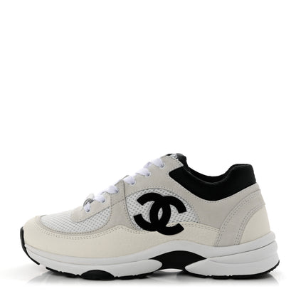 Chanel Mesh Suede Calfskin Grained Calfskin Womens CC Sneakers 38 White Black 1 of 9