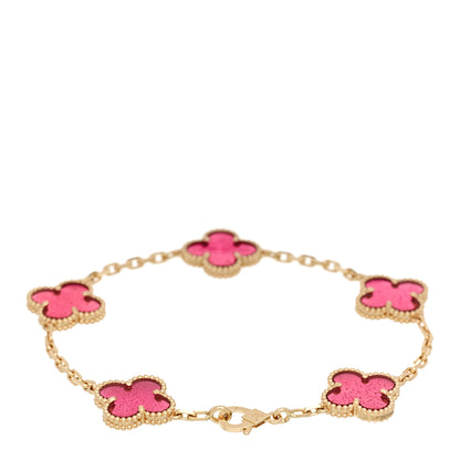 Van Cleef & Arpels 18K Yellow Gold Pink Enamel 5 Motifs Vintage Alhambra Bracelet 2 of 5
