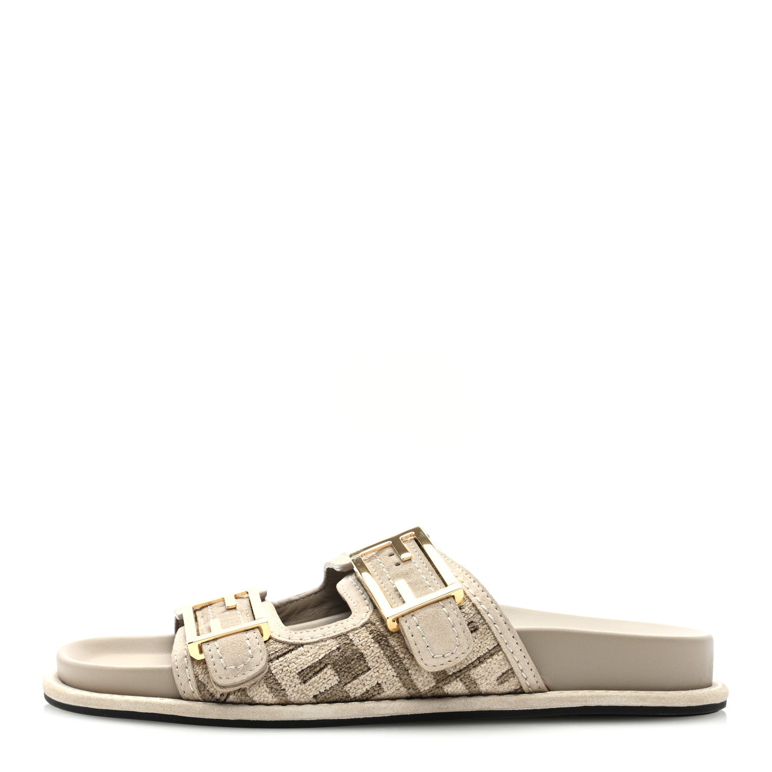 Fendi Chenille Fabric Jacquard Suede FF Womens Fendi Feel Buckled Slide Sandals 37 Tortora Nuvola Rock 1 of 7