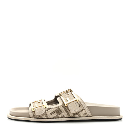 Fendi Chenille Fabric Jacquard Suede FF Womens Fendi Feel Buckled Slide Sandals 37 Tortora Nuvola Rock 1 of 7