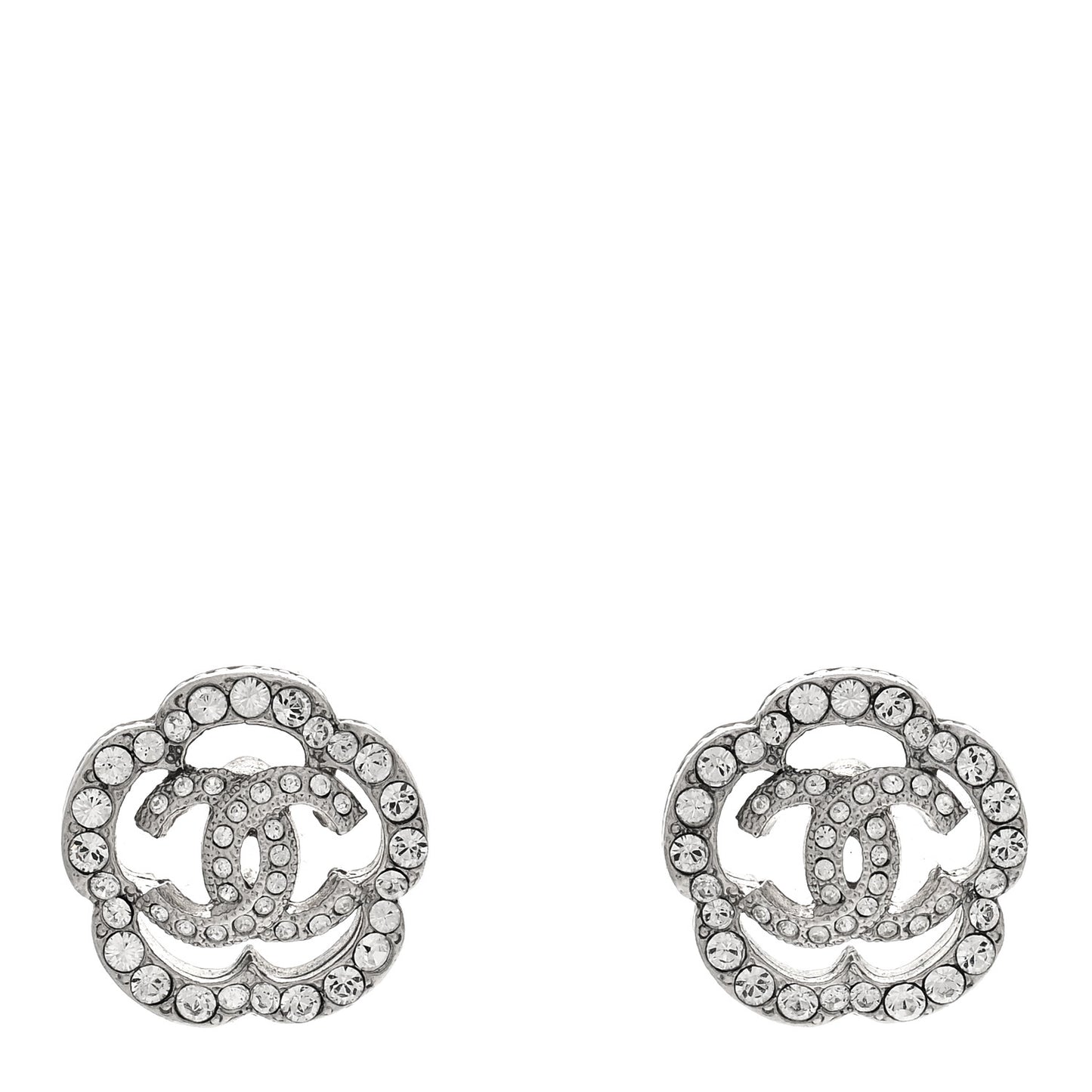 Crystal Coco Flapper Camellia CC Stud Earrings Silver