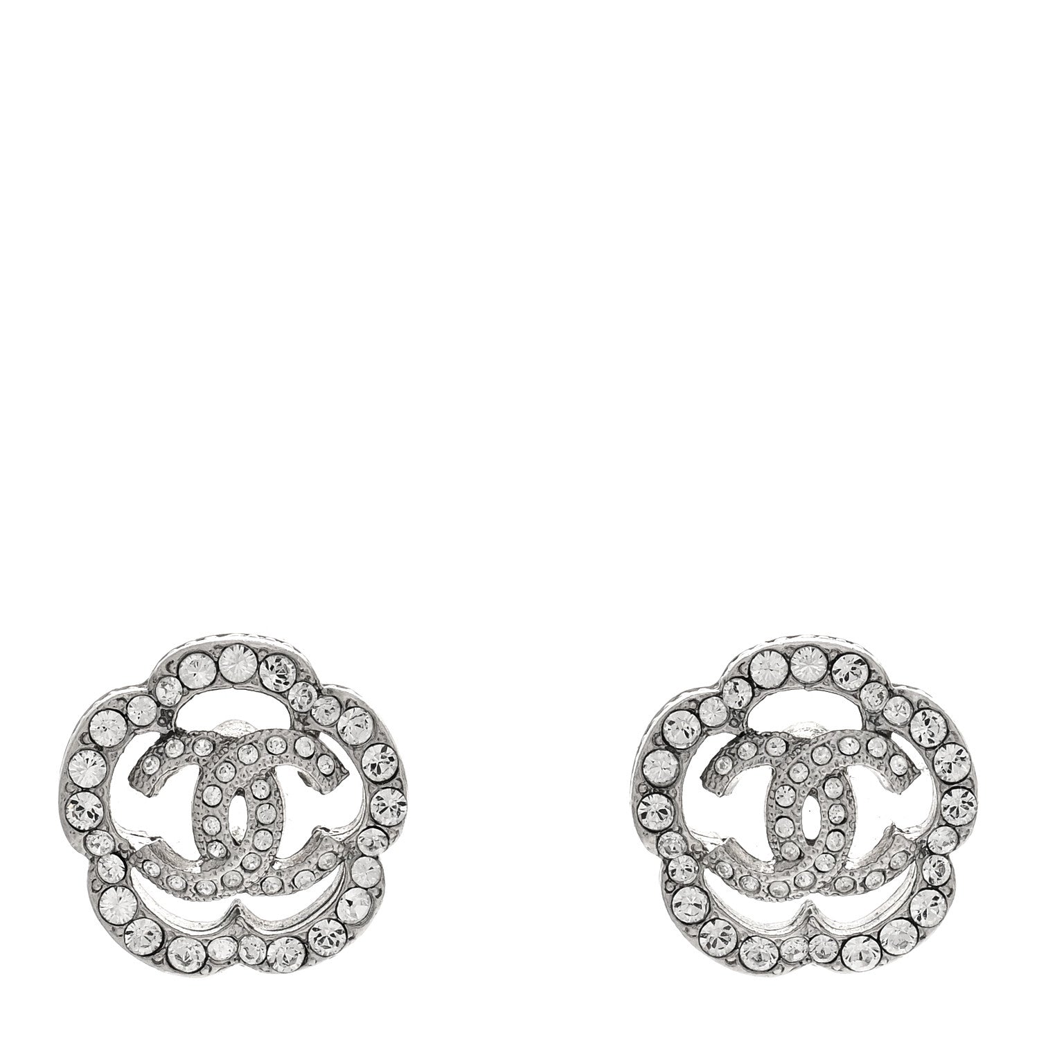 Chanel Crystal Coco Flapper Camellia CC Stud Earrings Silver 1 of 5