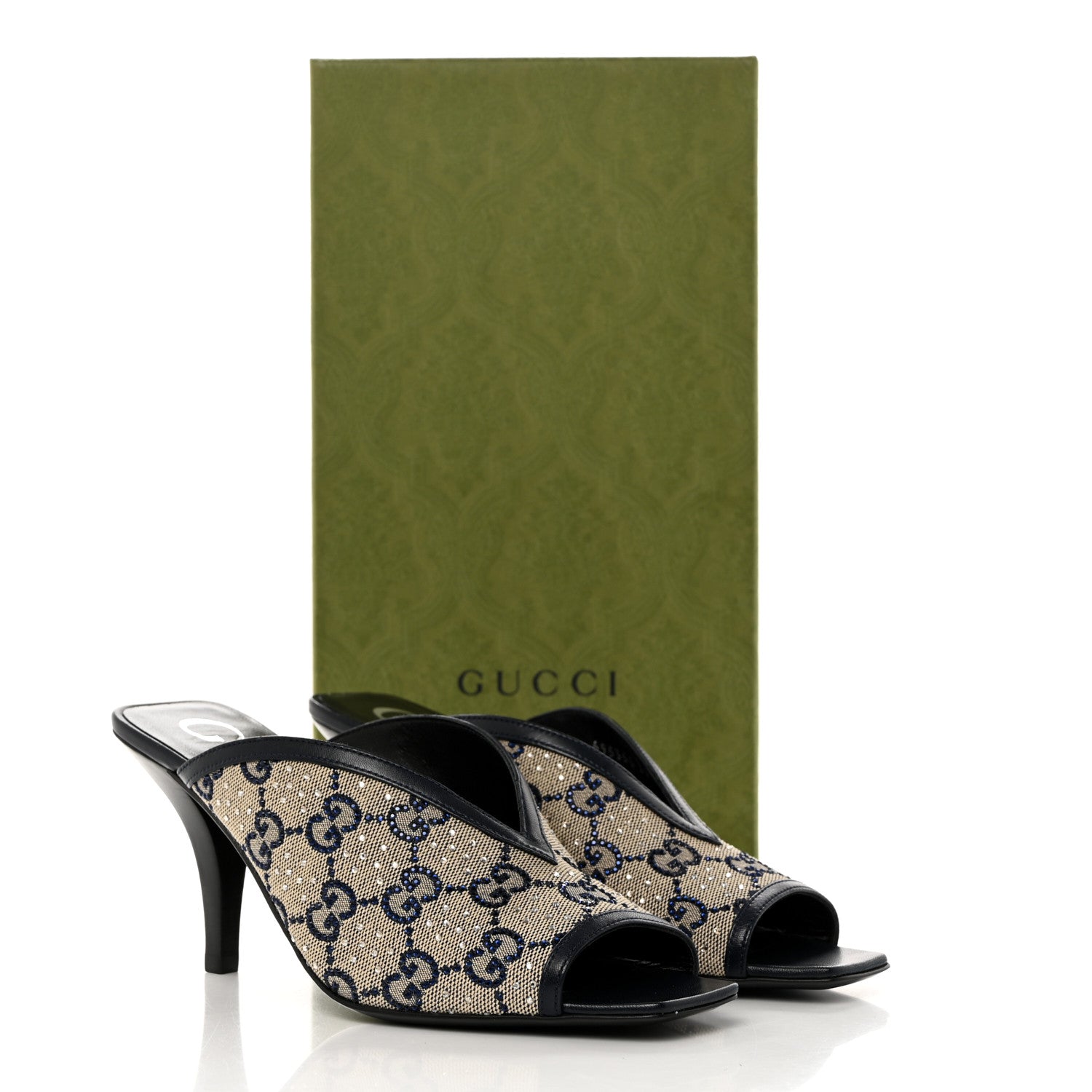 Gucci New Canvas Malaga Kid Crystal GG Monogram Square G 95mm Slide Sandals 36 Beige Blue 9 of 9