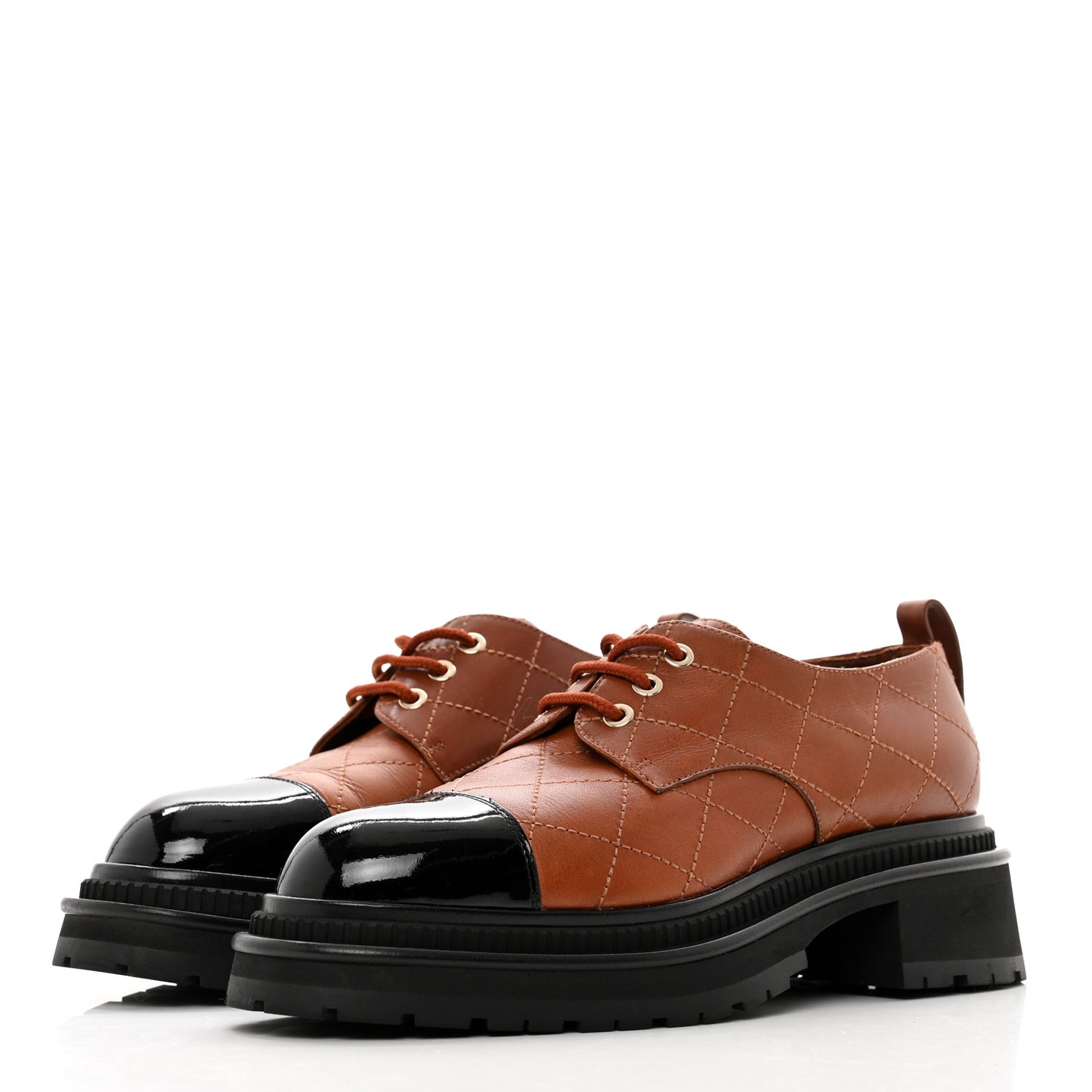 Calfskin Patent Stitched Cap Toe Lace Up Oxfords 39 Brown Black
