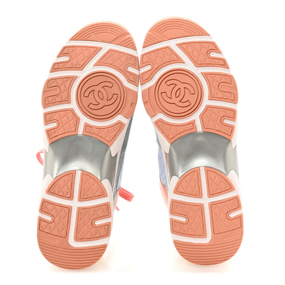 Chanel Nylon Lambskin Suede Calfskin CC Sneakers 38.5 Coral Light Blue White 6 of 9