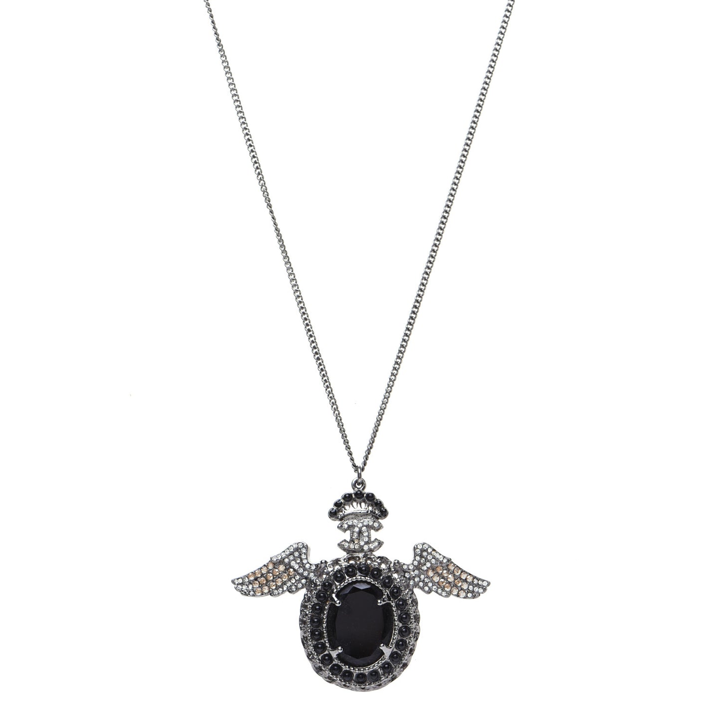 Crystal CC Crown Wing Pendant Necklace Black