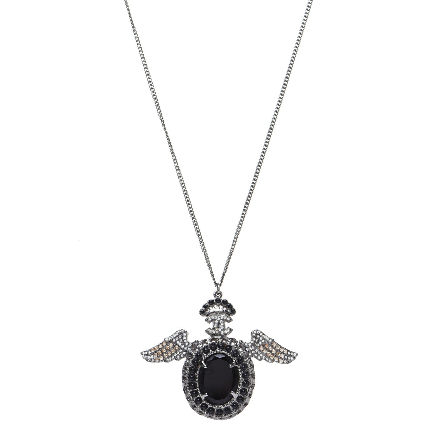 Chanel Crystal CC Crown Wing Pendant Necklace Black 1 of 8
