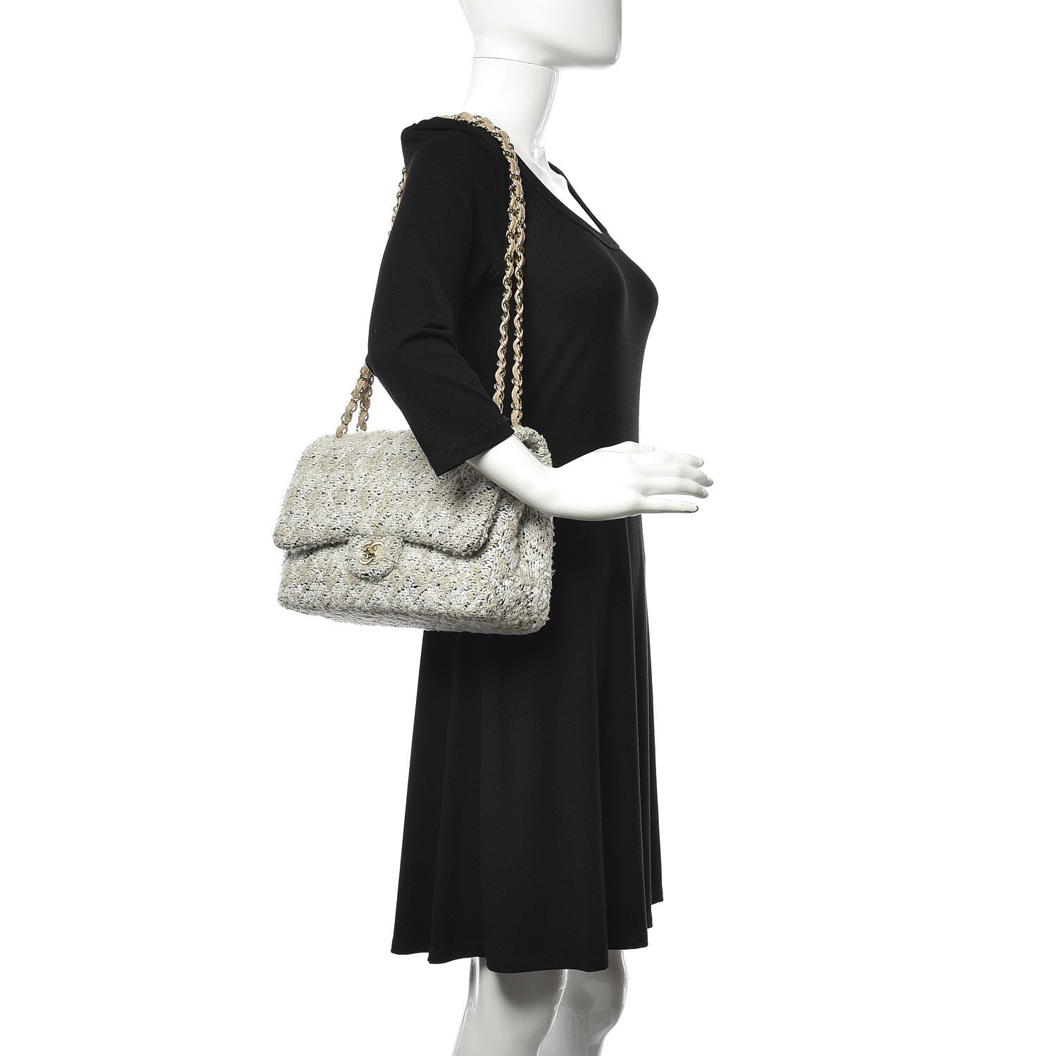 Chanel Tweed Quilted Jumbo Double Flap Beige 2 of 12