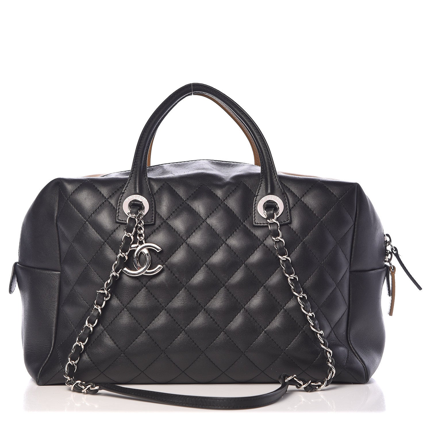 Chanel Calfskin Quilted Feather Weight Bowling Bag Black Beige 1 of 14