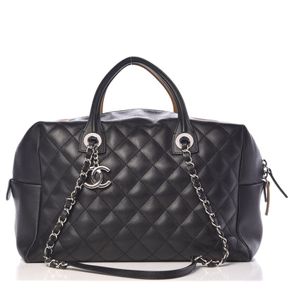 Chanel Calfskin Quilted Feather Weight Bowling Bag Black Beige 1 of 14