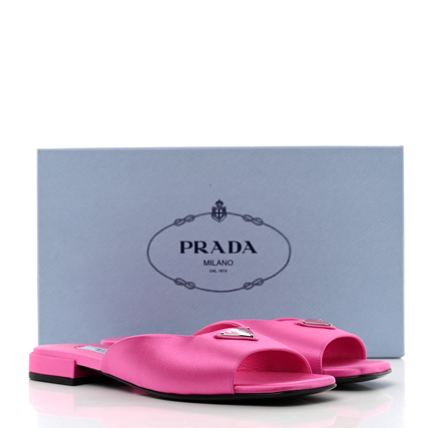 Prada Satin Metal Triangle Logo 10mm Slide Sandals 37.5 Begonia 8 of 8