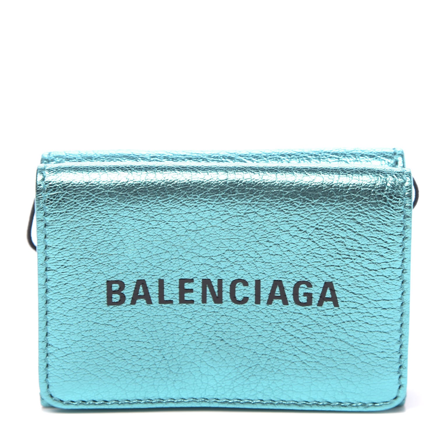 Balenciaga Metallic Goatskin Logo Mini Everyday Wallet Turquoise Black 1 of 8