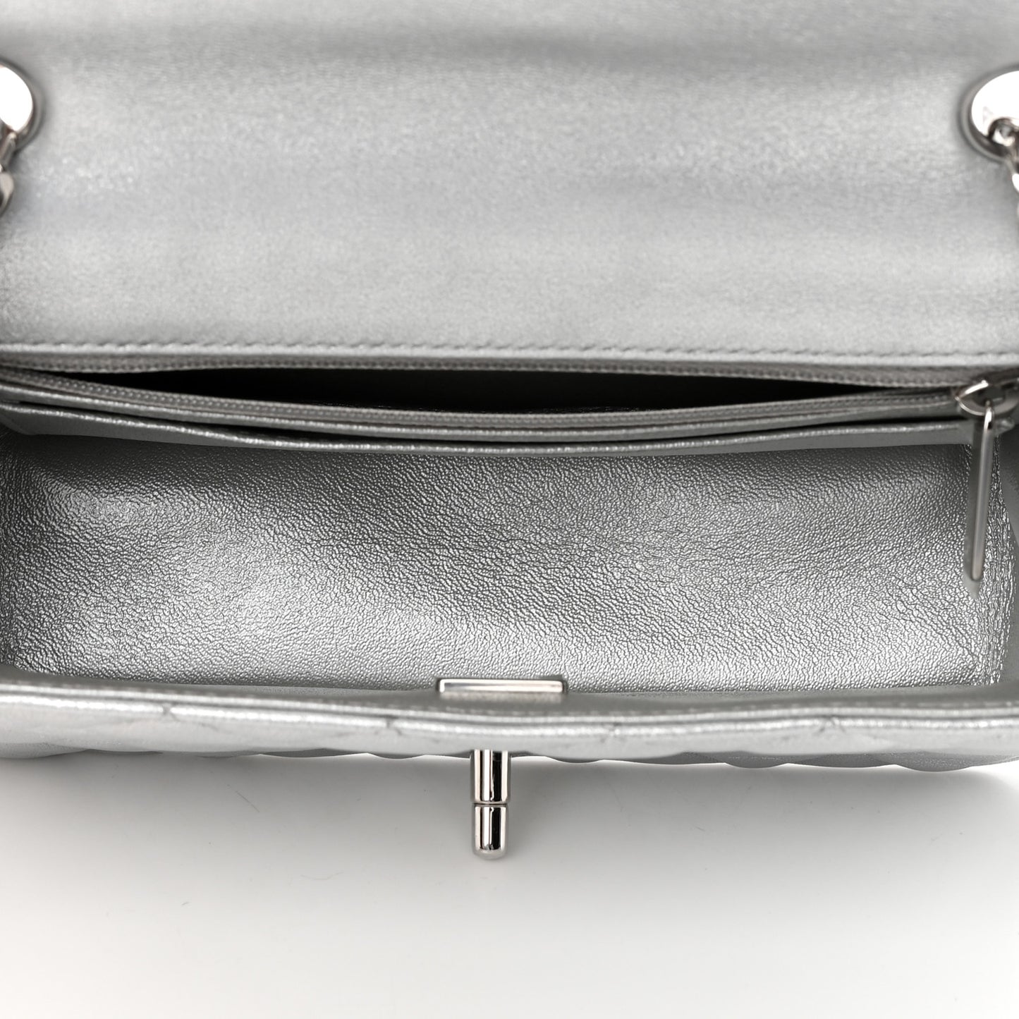 Metallic Lambskin Quilted Mini Rectangular Flap Silver
