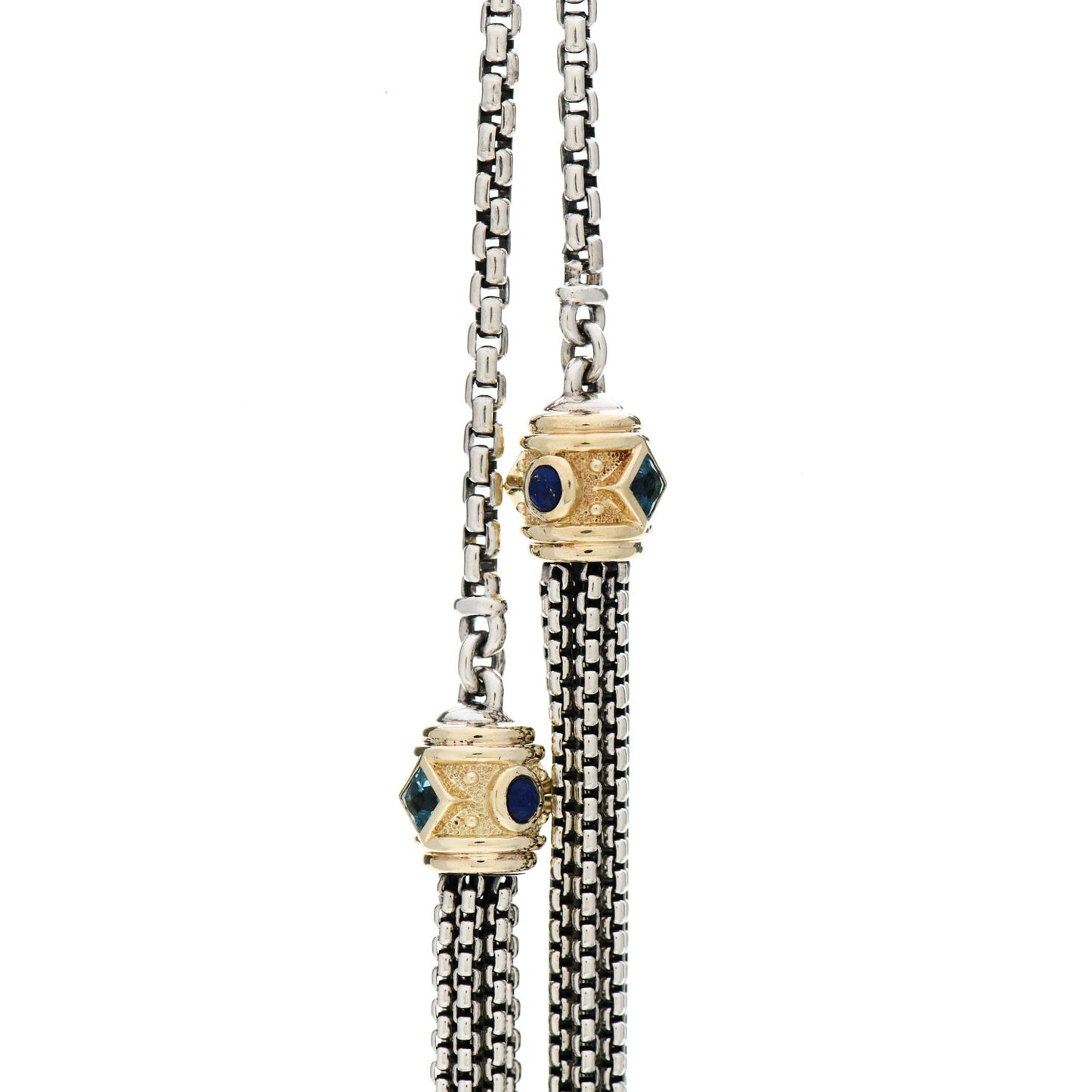 Sterling Silver 14K Yellow Gold Blue Topaz Lapis Lazuli Renaissance Tassel Necklace