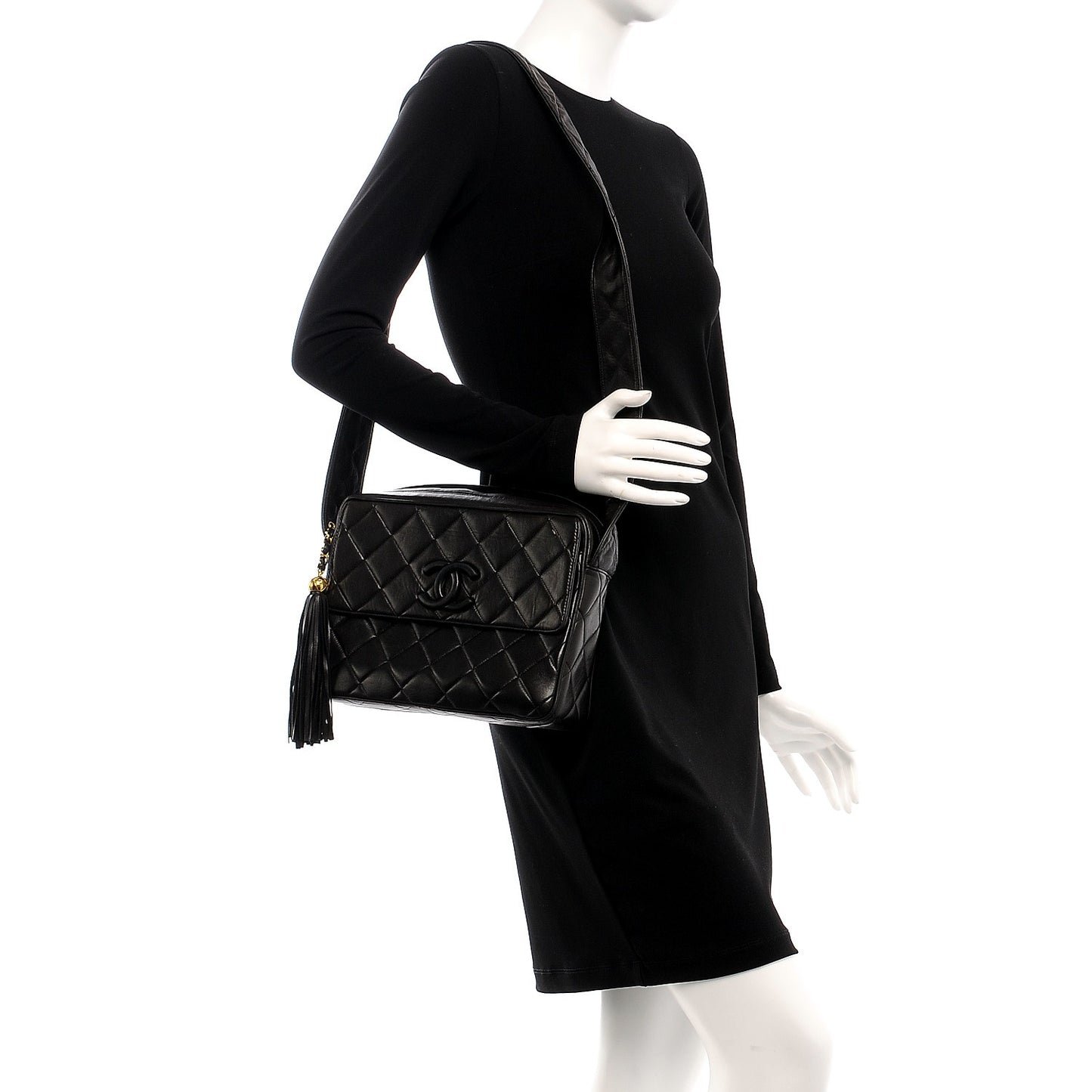 Lambskin Quilted Tassel Camera Case Black