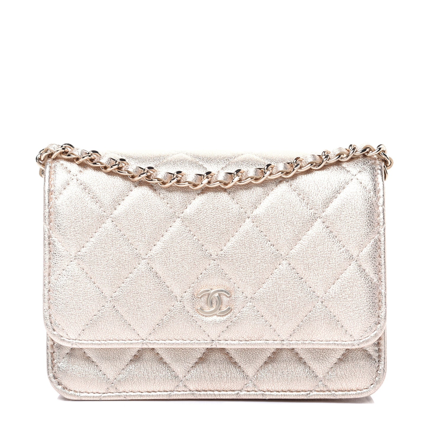 Metallic Lambskin Quilted Mini Wallet On Chain WOC Gold