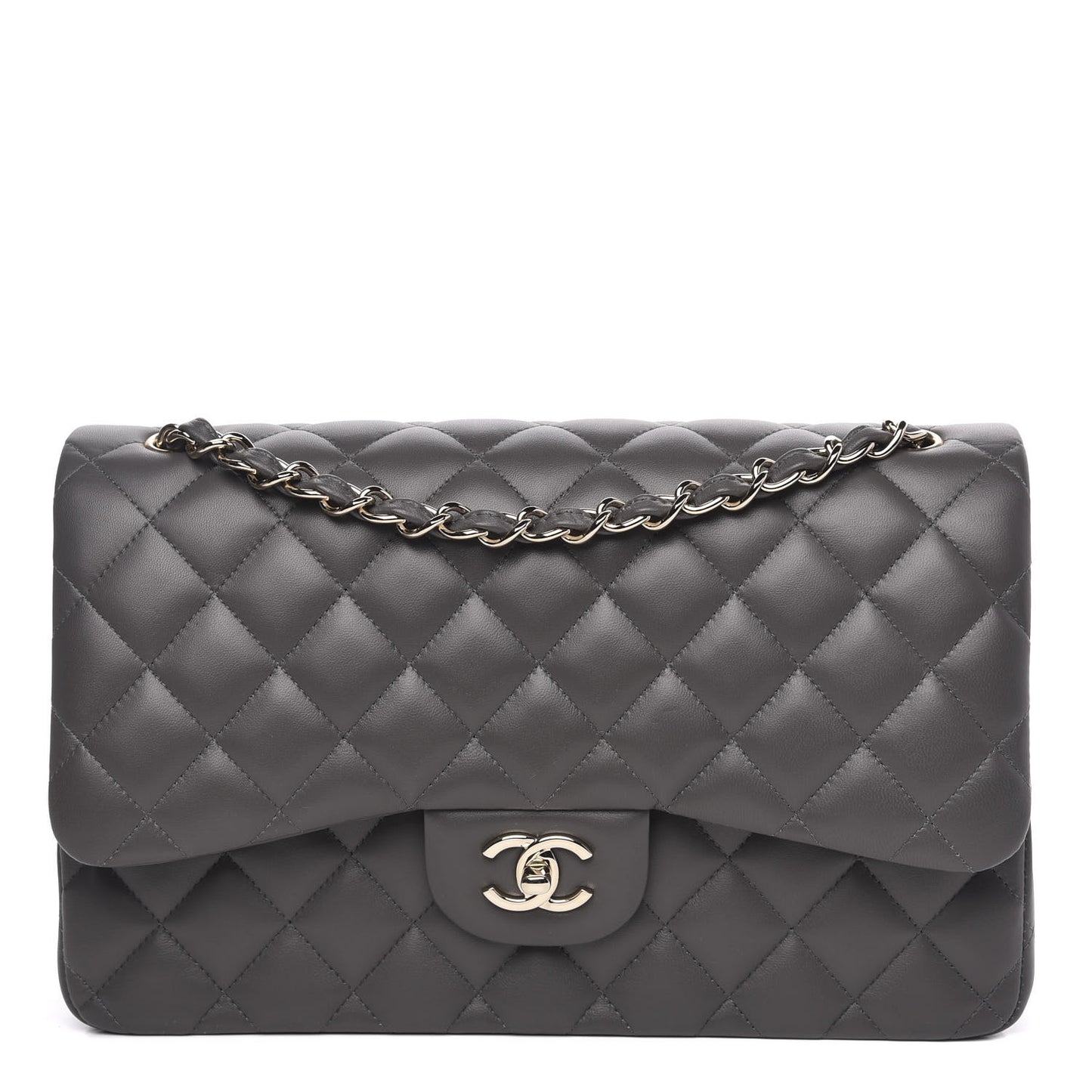 Lambskin Quilted Jumbo Double Flap Grey