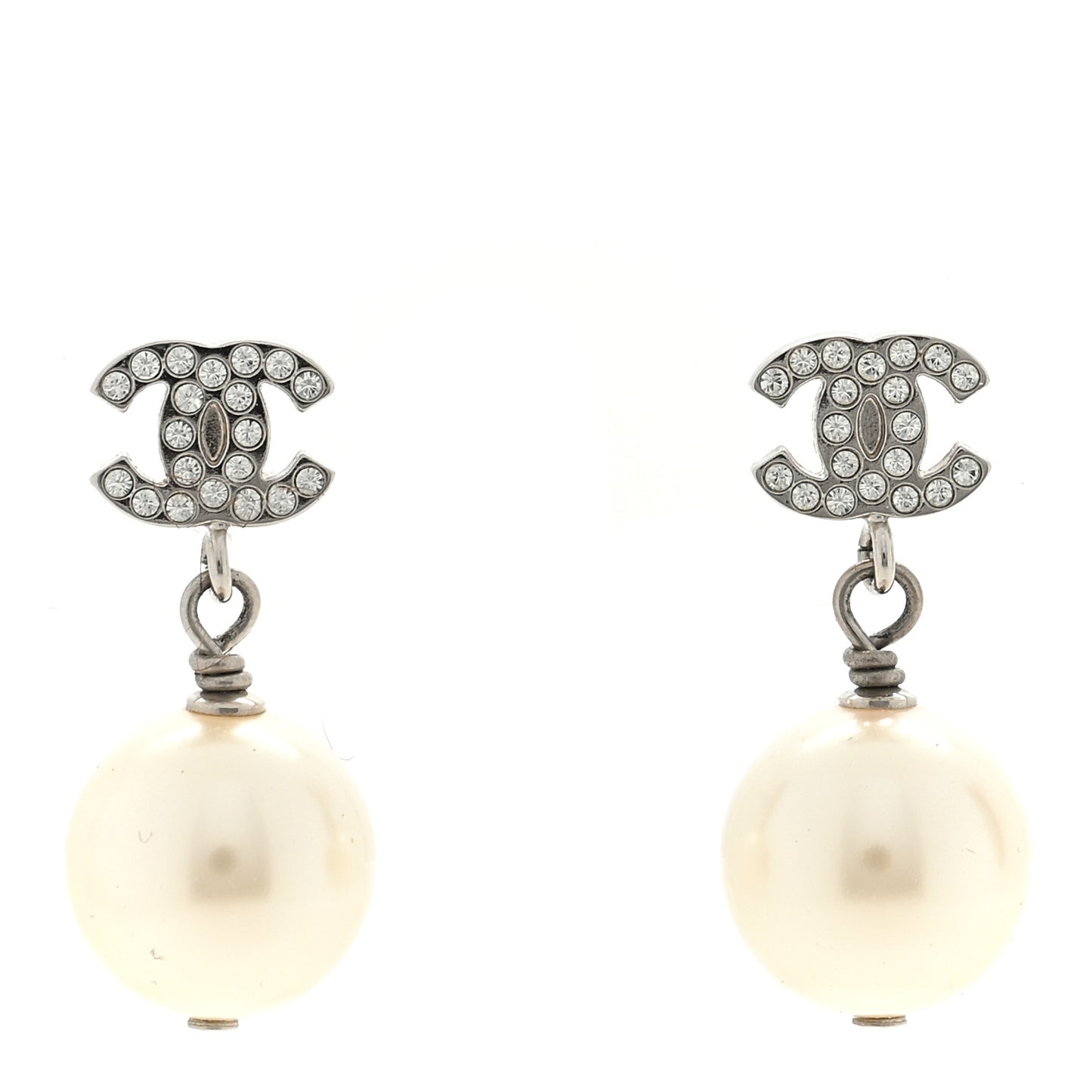 Crystal Pearl CC Drop Earrings Silver Pearly White