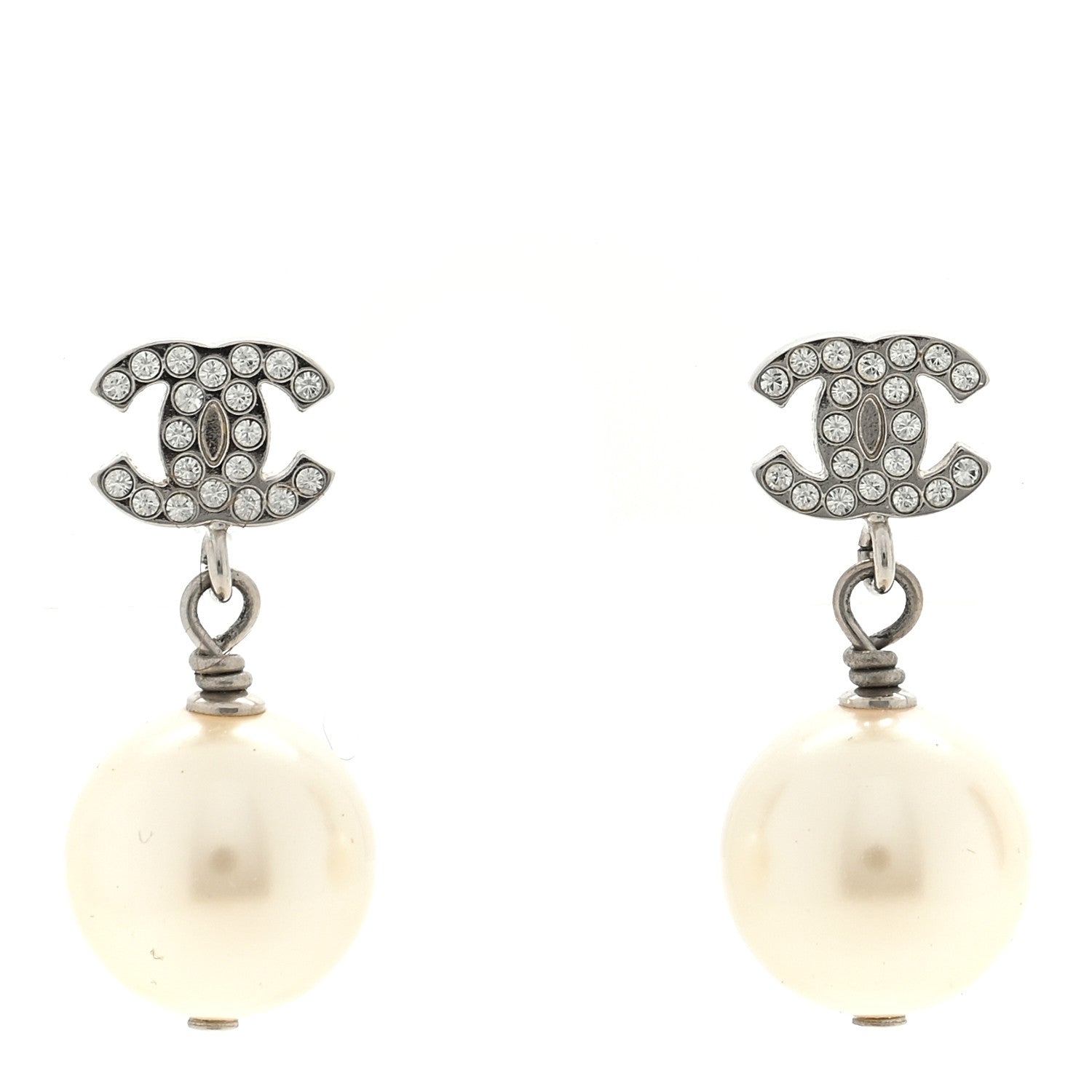 Chanel Crystal Pearl CC Drop Earrings Silver Pearly White 1 of 4