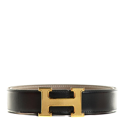 Hermes Box Togo Guilloche 32mm H Belt 85 Black Etoupe 1 of 10