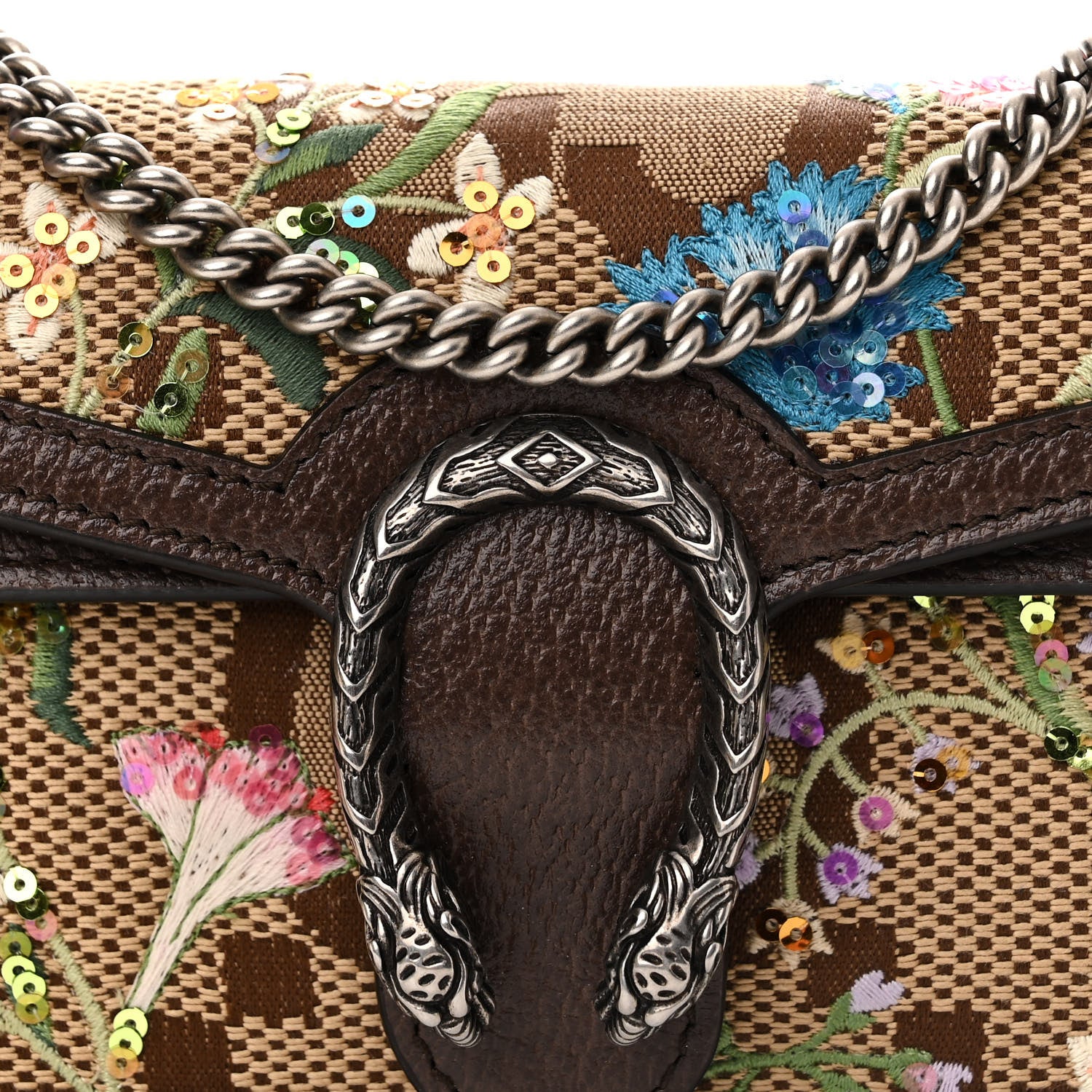 Gucci Monogram Jumbo GG Textured Dollar Calfskin Embroidered Super Mini Dionysus Shoulder Bag Camel Ebony New Acero Multicolor 7 of 10