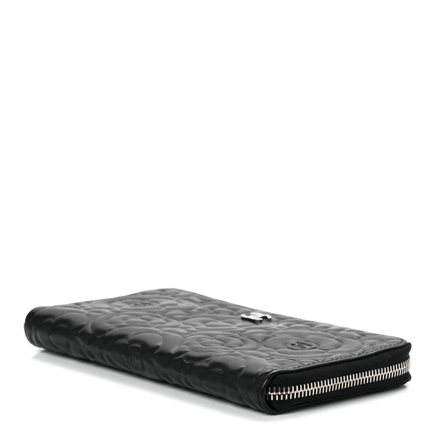Chanel Lambskin Camellia Embossed Large Zip Around Gusset Wallet Black 9 of 11