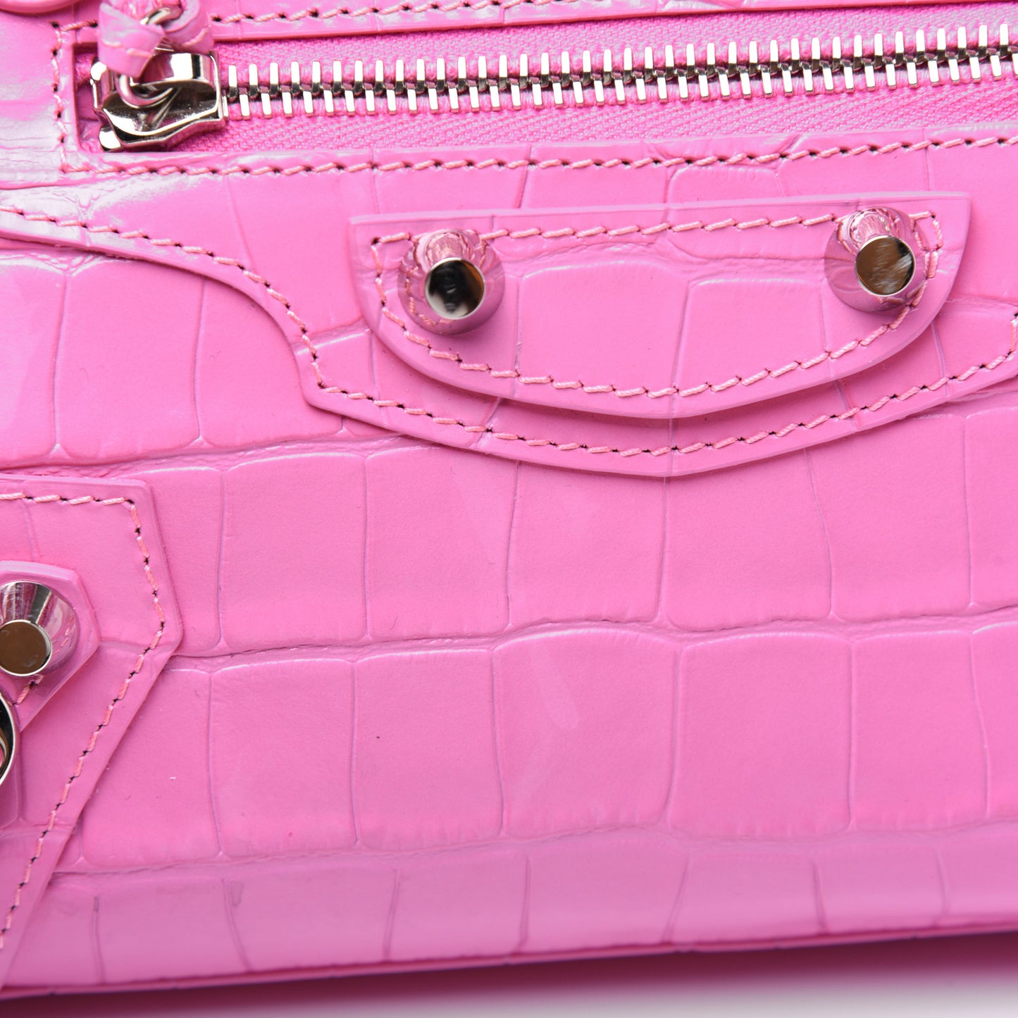 Shiny Supple Calfskin Crocodile Embossed Classic Silver Hardware Mini City Baby Pink