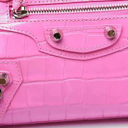 Balenciaga Shiny Supple Calfskin Crocodile Embossed Classic Silver Hardware Mini City Baby Pink 12 of 32