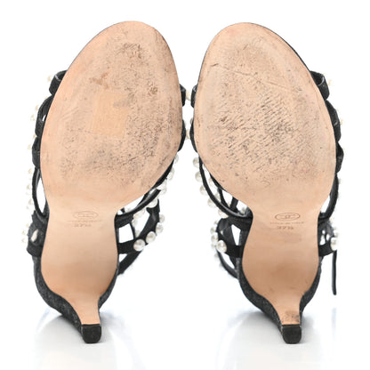 Chanel Crackled Lambskin Pearl Sandals 37.5 Black 5 of 7