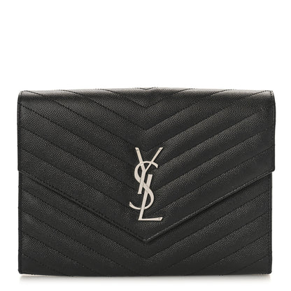 Saint Laurent Grain De Poudre Matelasse Chevron Monogram Envelope Clutch Black 1 of 8
