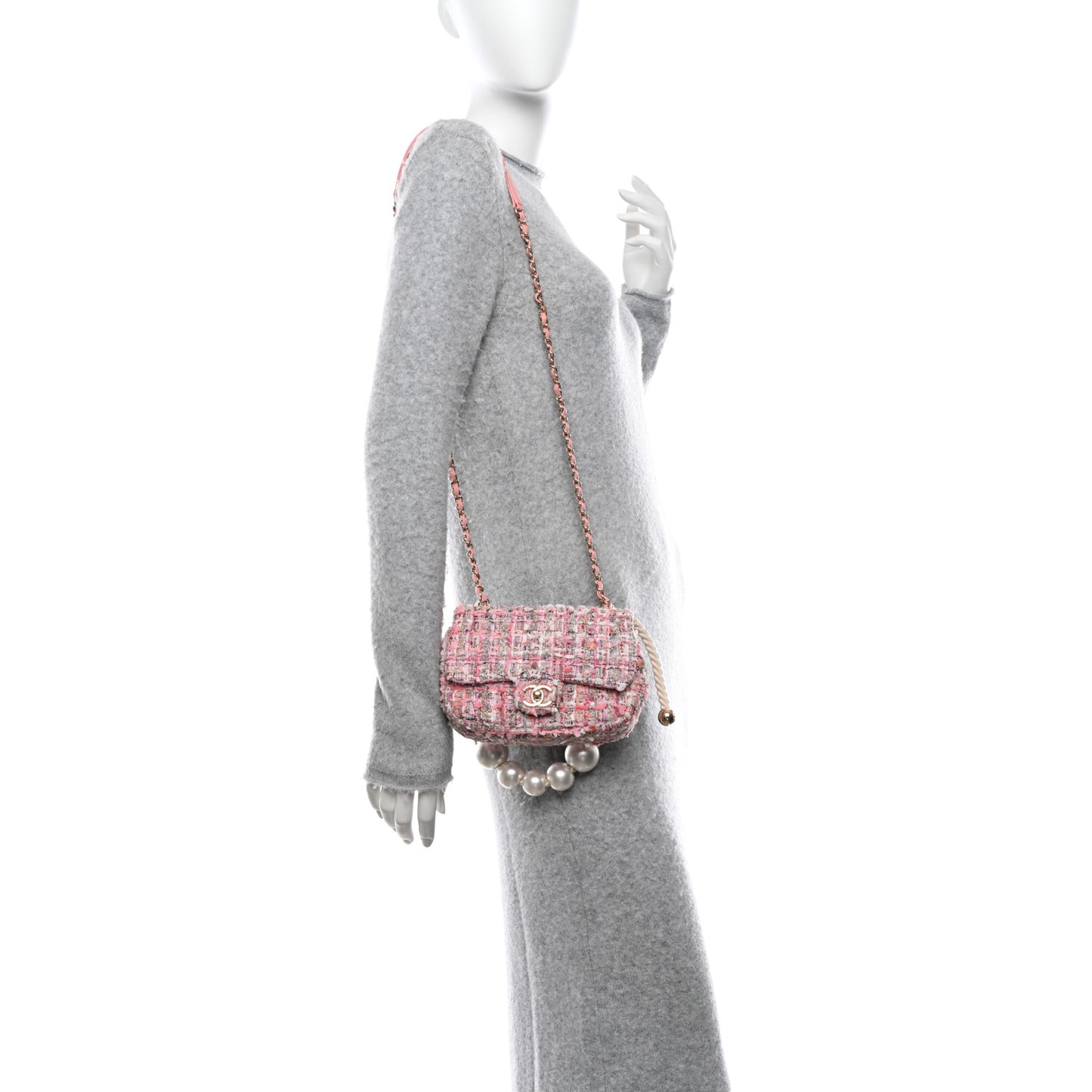 Tweed Mini Pearl Handle Flap Pink Beige Orange Ecru