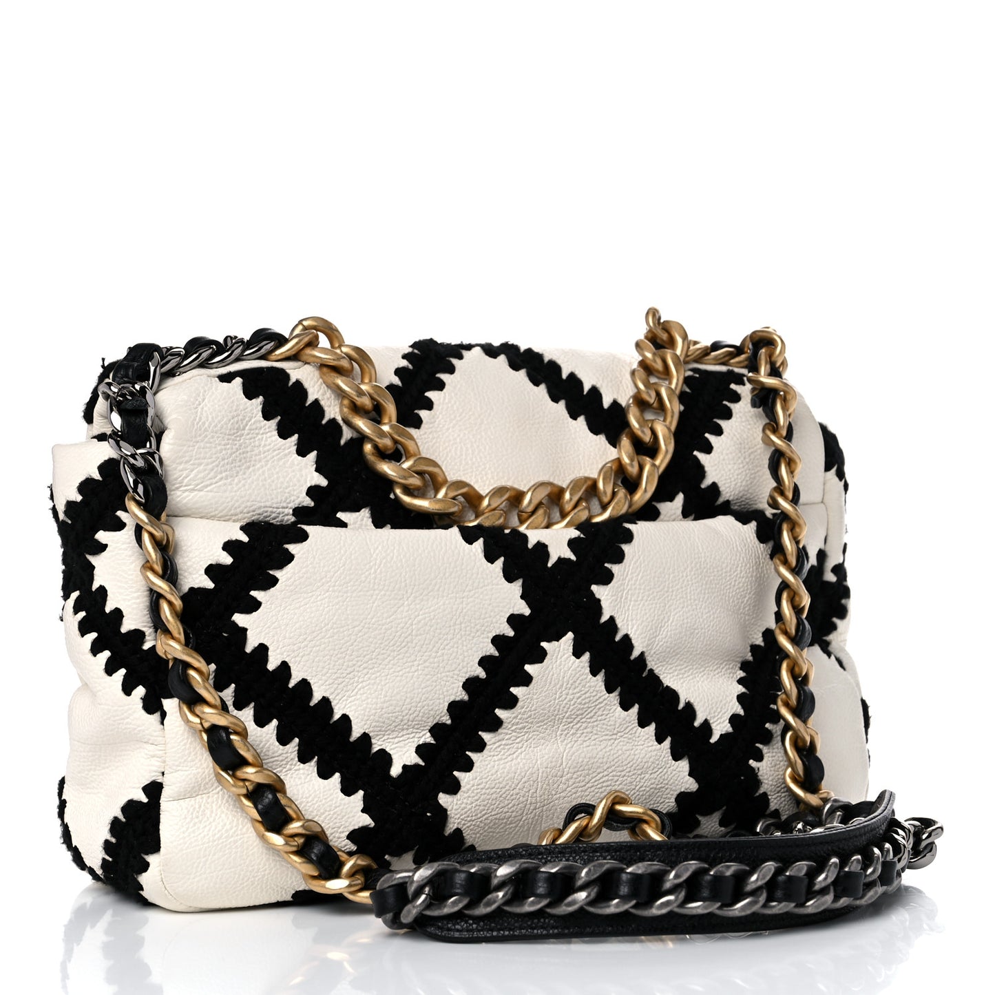 Calfskin Crochet Medium Chanel 19 Flap White Black