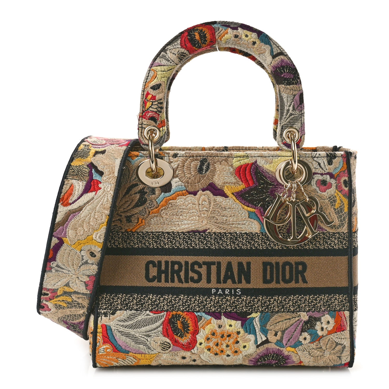 Christian Dior Canvas Embroidered Floral Medium Lady D-Lite Beige Black Multicolor 1 of 9