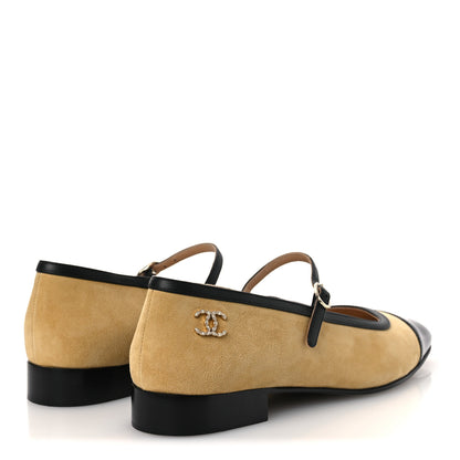 Chanel Suede Kidskin Lambskin Patent Calfskin Cap Toe CC Mary Jane Flats 39 Beige Black 5 of 11