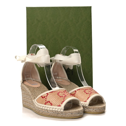 Gucci GG Raffia Monogram Ankle Wrap Platform Espadrille Wedge Sandals 37 Beige 9 of 9