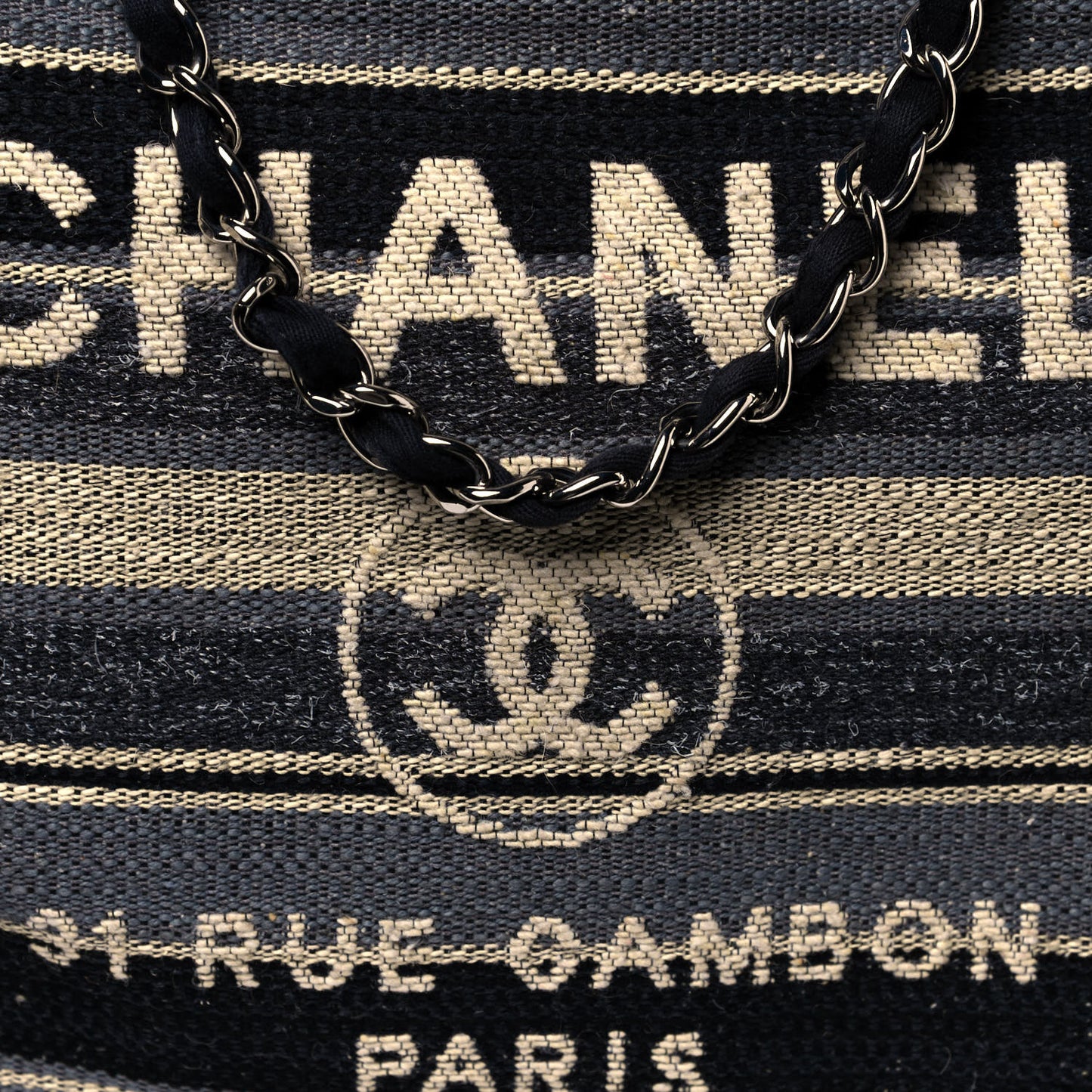 Striped Canvas Medium Deauville Tote Black