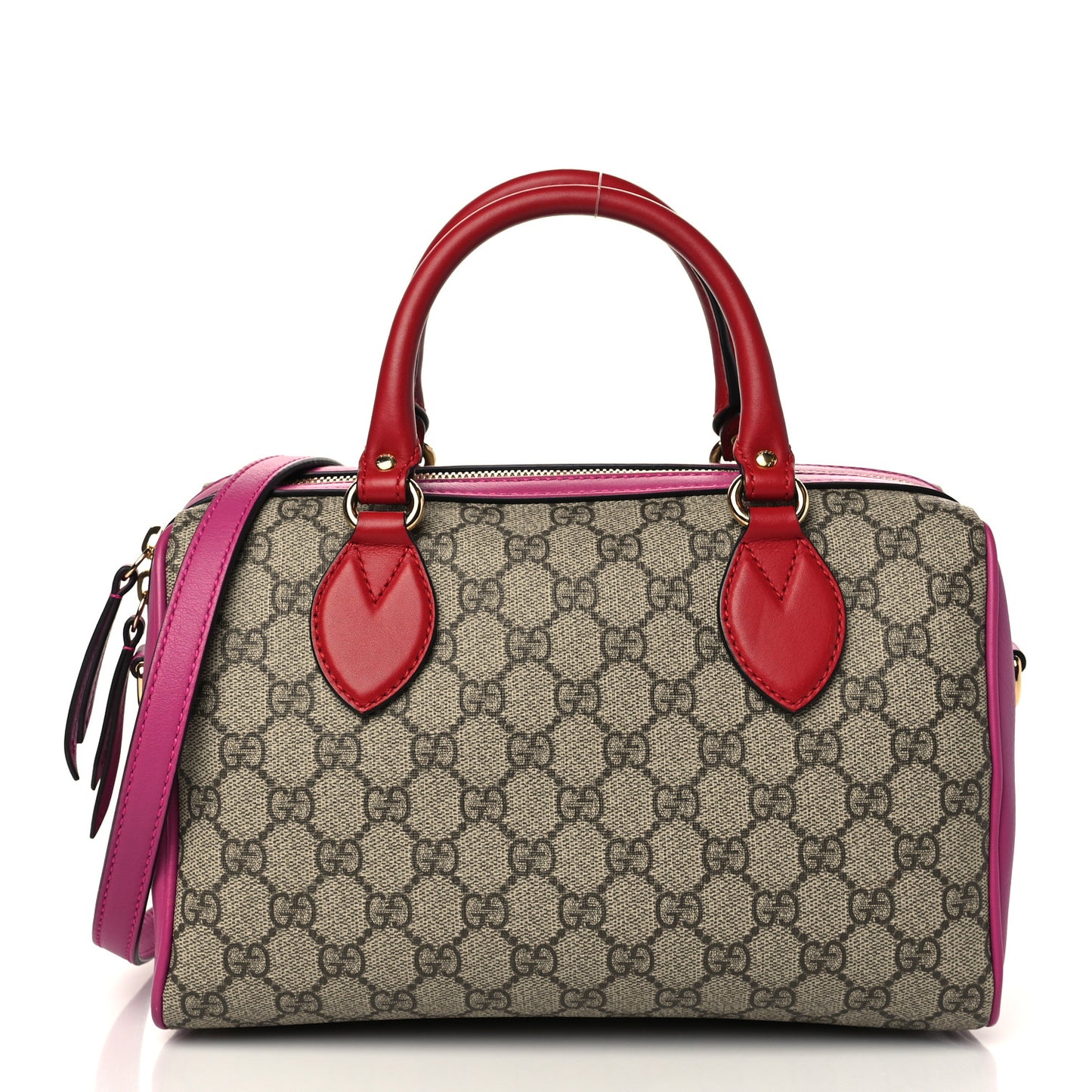 GG Supreme Monogram Moon Calfskin Small Boston Beige Ebony Hibiscus Red New Rosette