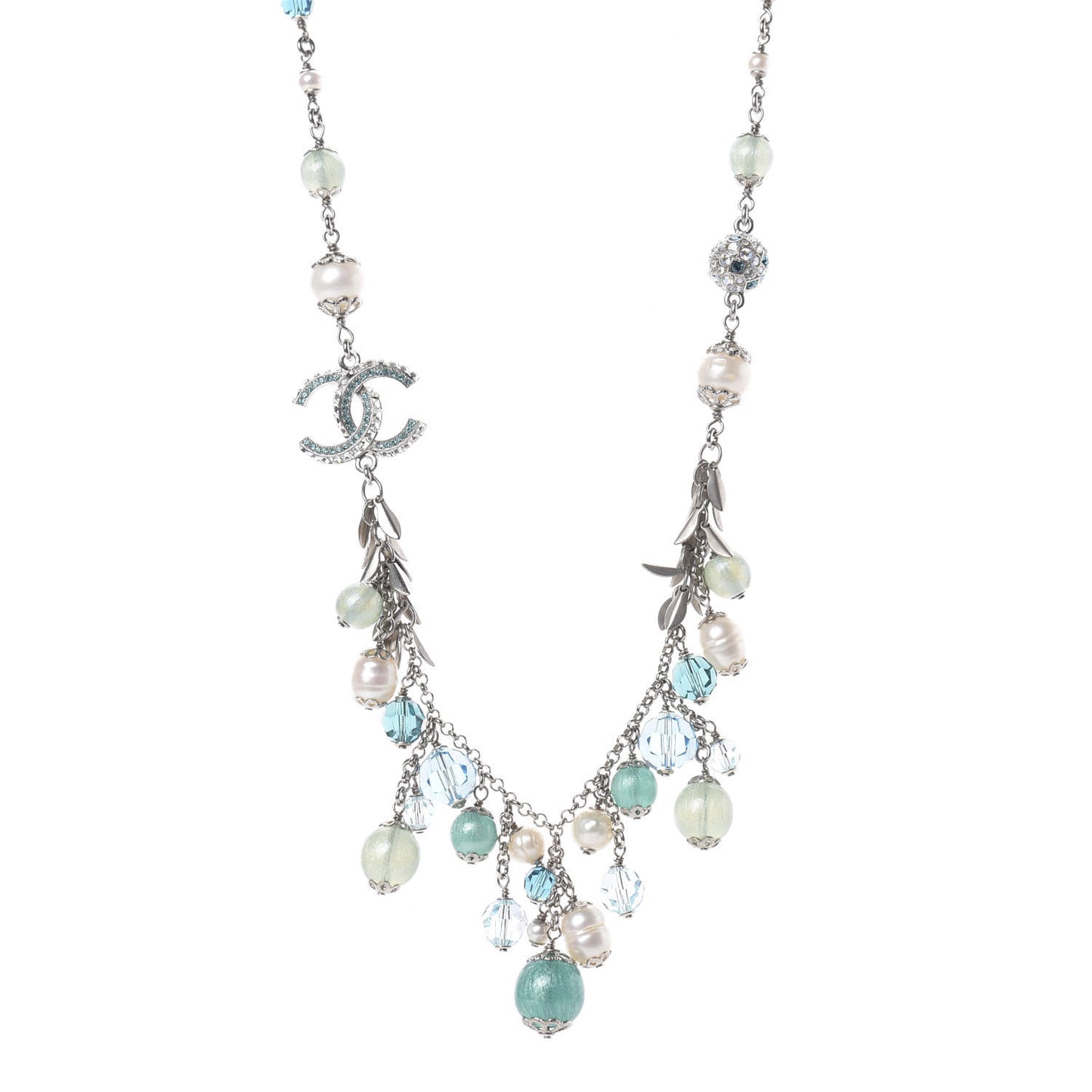 Pearl Crystal CC Beaded Short Necklace Silver Blue