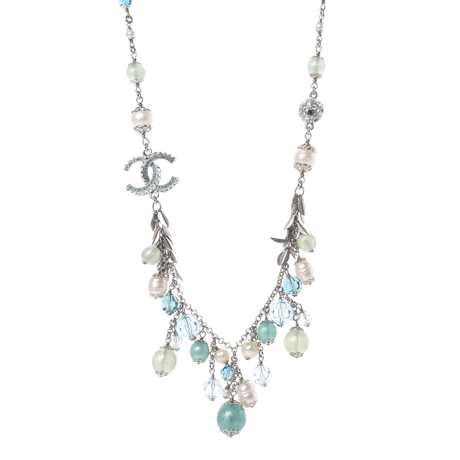 Chanel Pearl Crystal CC Beaded Short Necklace Silver Blue 1 of 5