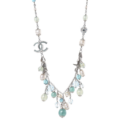 Chanel Pearl Crystal CC Beaded Short Necklace Silver Blue 1 of 5
