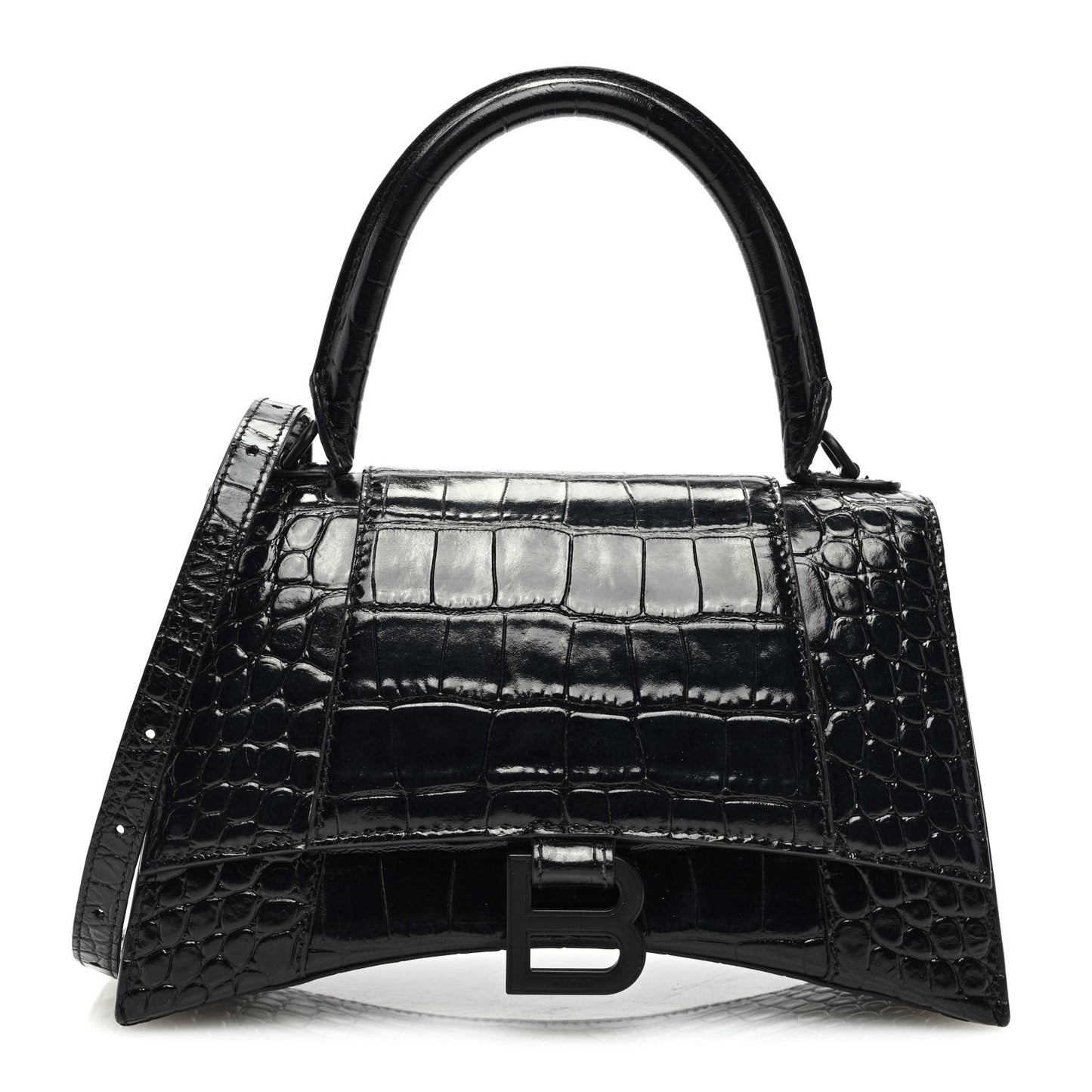 Shiny Calfskin Monochrome Crocodile Embossed Small Hourglass Top Handle Bag Black