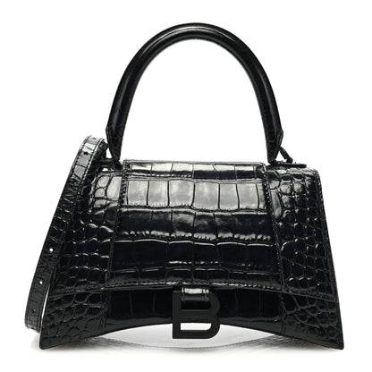Balenciaga Shiny Calfskin Monochrome Crocodile Embossed Small Hourglass Top Handle Bag Black 1 of 10