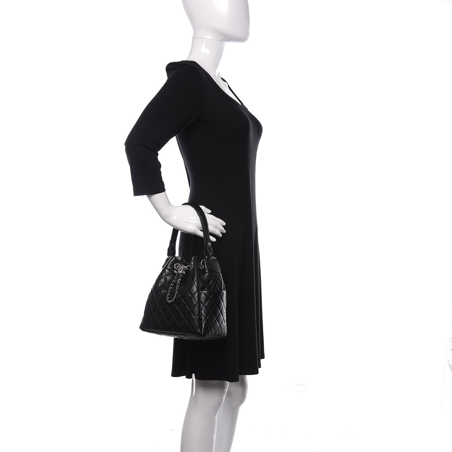 Grained Calfskin Quilted CC Chain Bucket Drawstring Bag Black