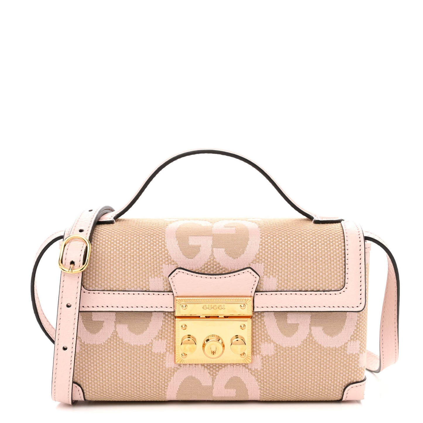 Monogram Jumbo GG Textured Dollar Calfskin Mini Padlock Top Handle Shoulder Bag Beige Perfect Pink