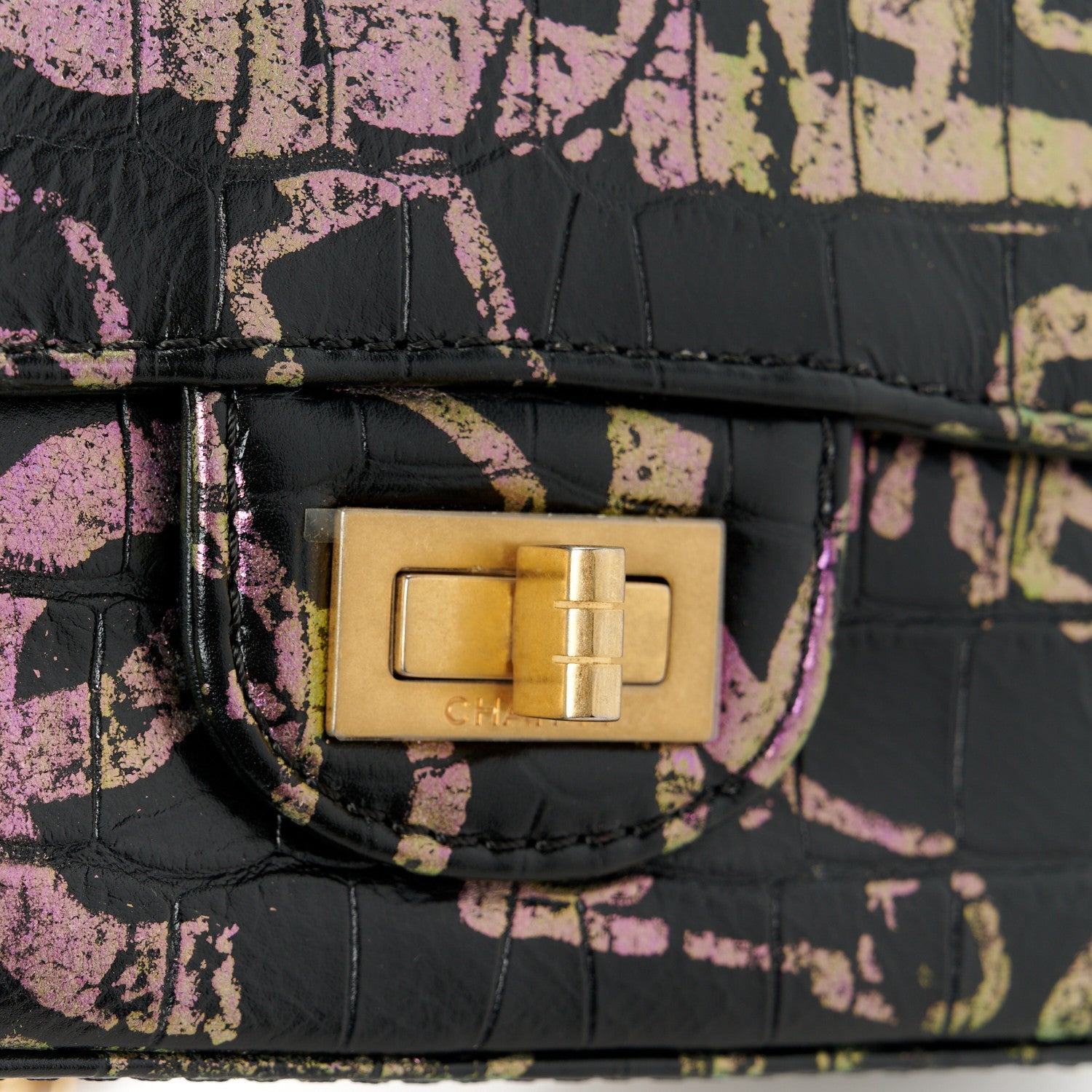 Chanel Calfskin Crocodile Embossed Graffiti 2.55 Mini Cocodile Reissue Flap Black Pink 8 of 11