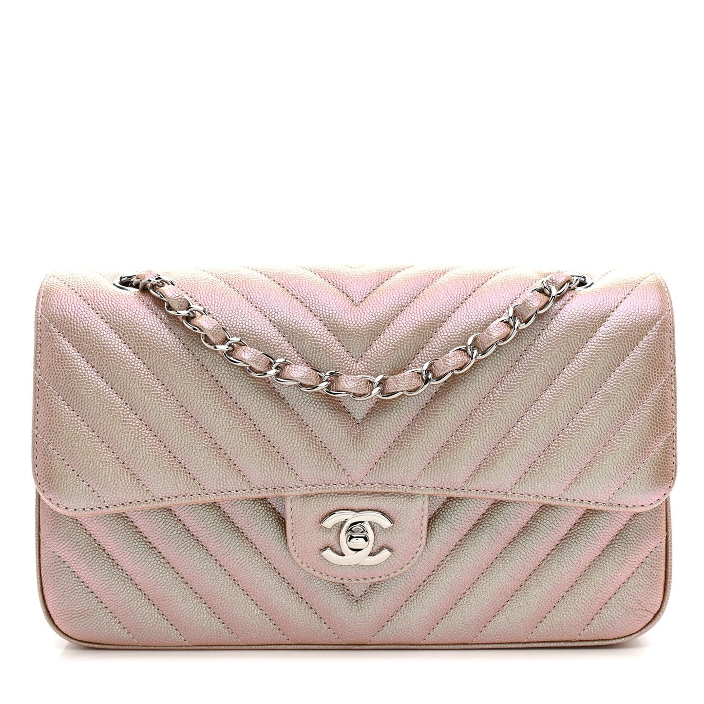 Metallic Caviar Chevron Quilted Medium Double Flap Light Gold